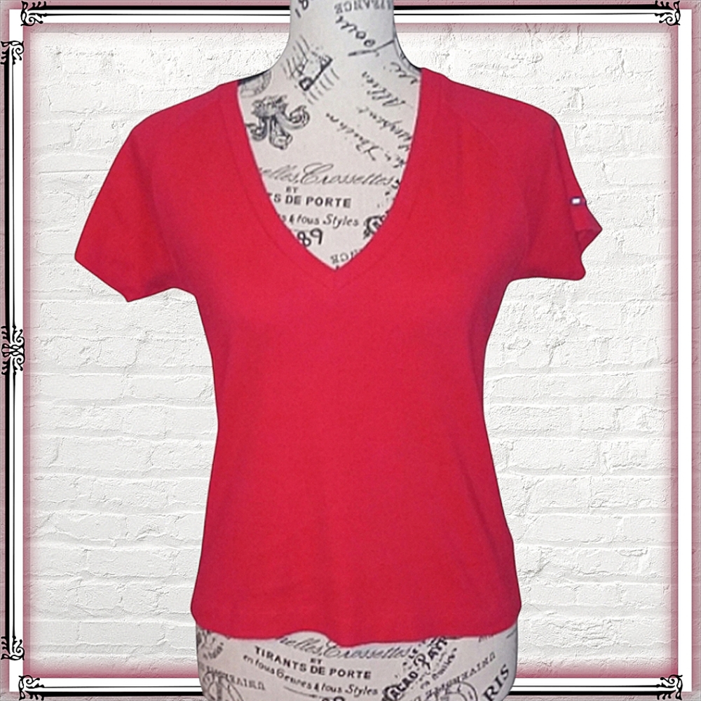 90s Tommy Hilfiger Red Cropped Ribbed T-Shirt Size Lg
